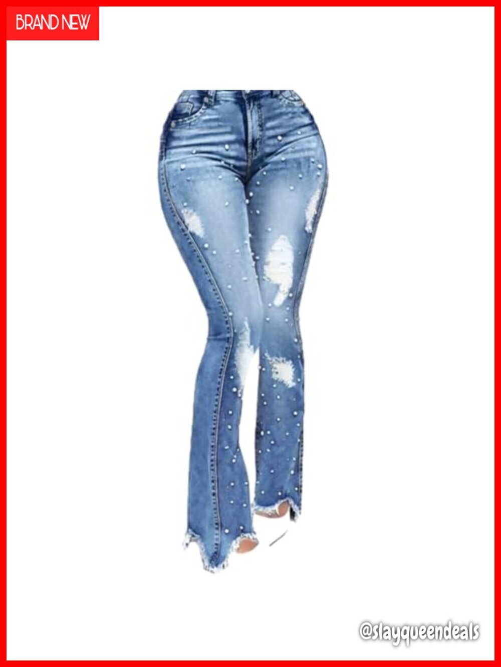 High Waist Distressed Stretch Denim Jeans Pearl Embellished Flared Leg